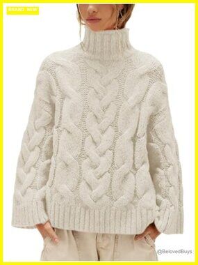 Womens Chunky Cable Knit Turtleneck Sweater Oversized Fall Pullover